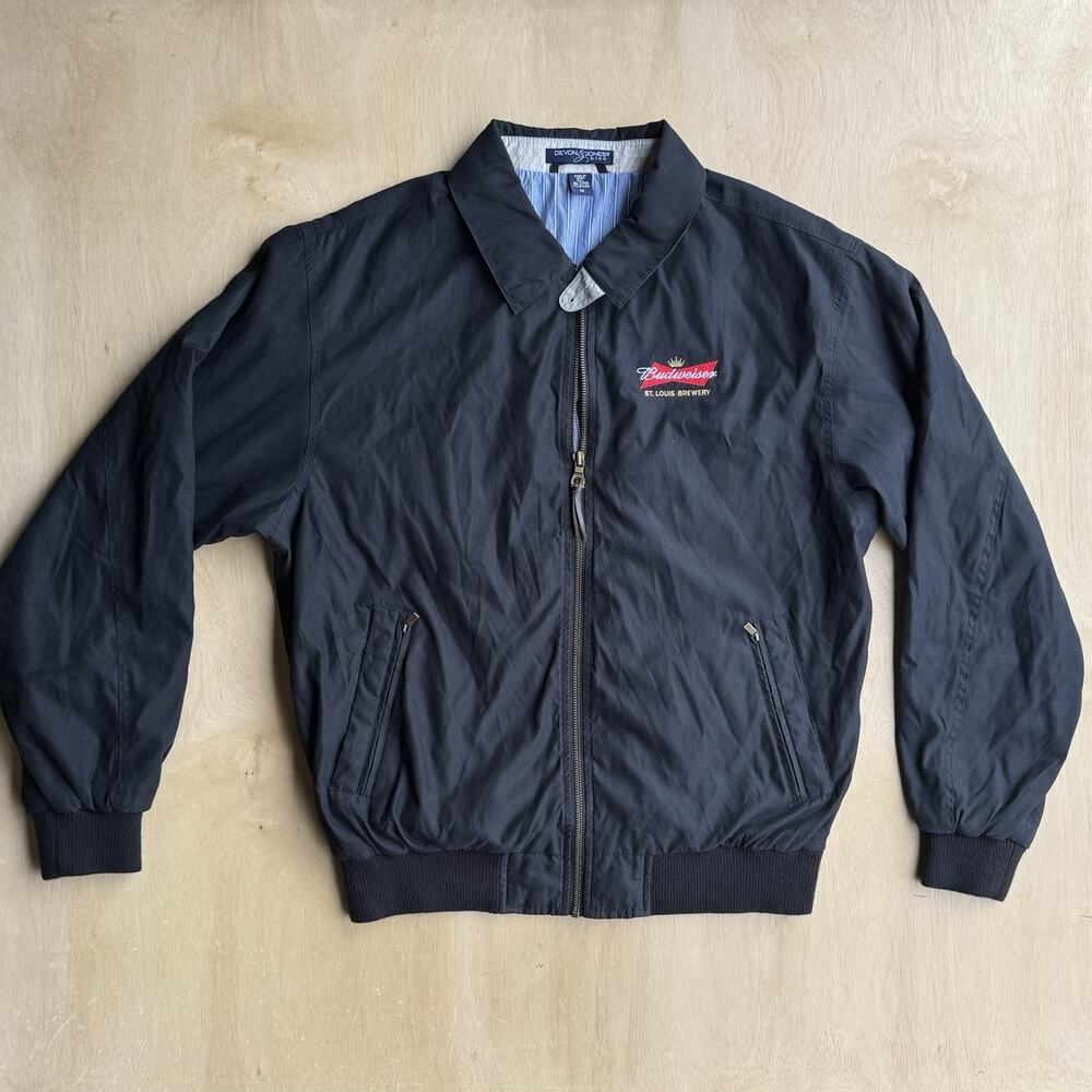 Budweiser St Louis Brewery Jacket Black Blue Medium M Devon & Jones Full Zip Bud